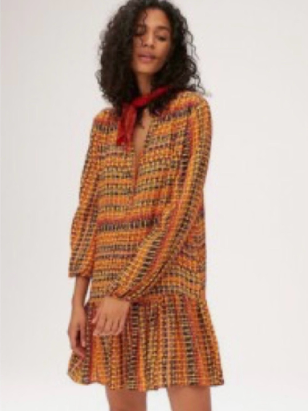 Women's Anthropologie Long-Sleeve Tiered Dress in Burnt Orange Geometric Print